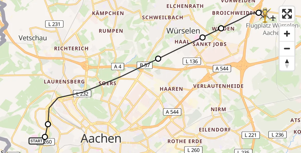 Flugroute Rettungshubschrauber Aachen Hospital - Aachen-Merzbrück Flughafen, 21 Juli 2026, 08:02