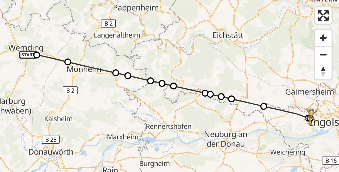 Flugroute Rettungshubschrauber Wemding - Ingolstadt Hospital, 21 Juli 2026, 08:02