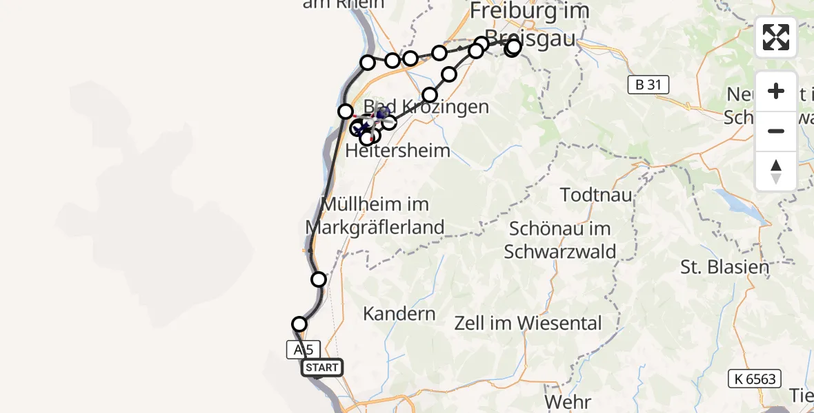 Flugroute Polizeihubschrauber Efringen-Kirchen - Bremgarten Flugplatz, 21 Juli 2026, 08:06