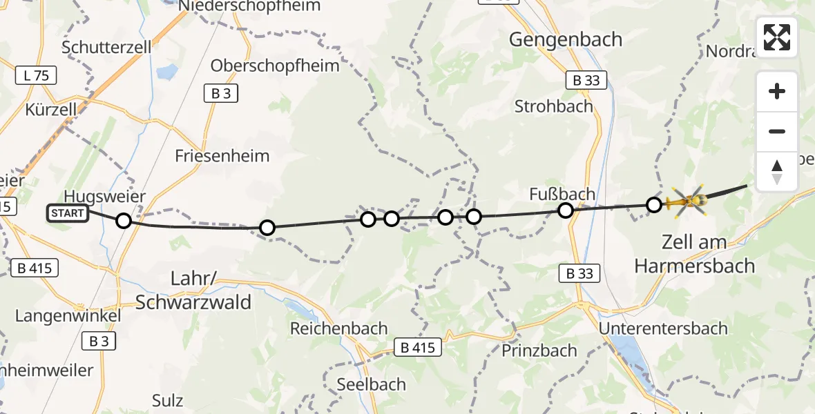 Flugroute Rettungshubschrauber Lahr Flughafen - Zell am Harmersbach, 21 Juli 2026, 08:06