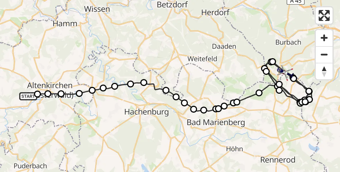 Flugroute Polizeihubschrauber Altenkirchen (Westerwald) - Siegerland Flughafen, 21 Juli 2026, 08:06