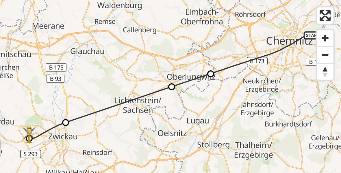 Flugroute Rettungshubschrauber Chemnitz - ADAC Air Rescue Station Zwickau Hubschrauberlandeplatz, 21 Juli 2026, 08:16