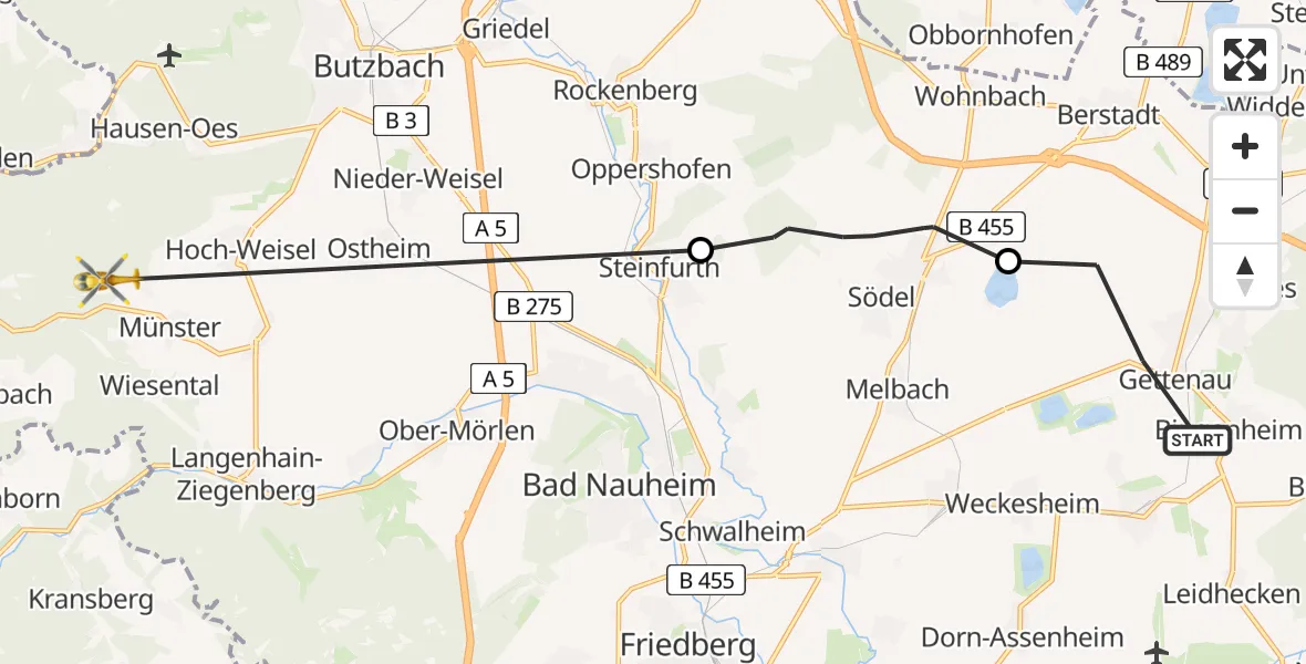 Flugroute Ambulanzhubschrauber Echzell - Butzbach, 21 Juli 2026, 08:18