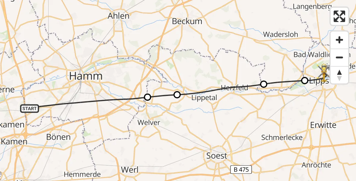 Flugroute Rettungshubschrauber Hamm - Lippstadt, 21 Juli 2026, 08:26