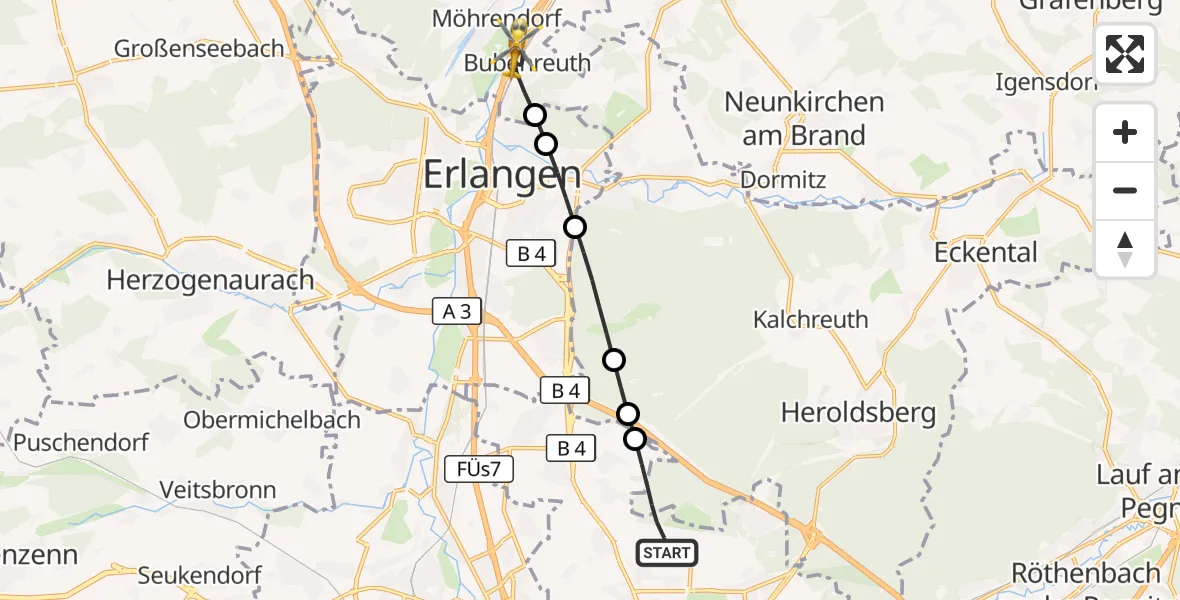 Flugroute Ambulanzhubschrauber Flughafen Nuremberg - Bubenreuth, 21 Juli 2026, 08:29