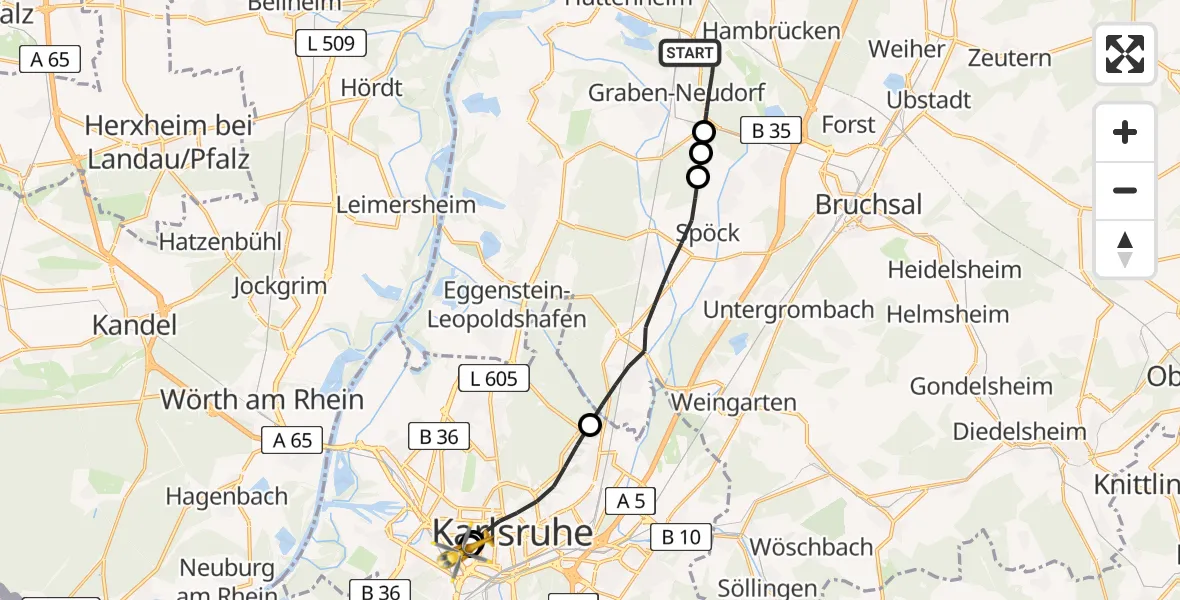 Flugroute Ambulanzhubschrauber Graben-Neudorf - Sankt Vincentius Hospital, 21 Juli 2026, 08:30