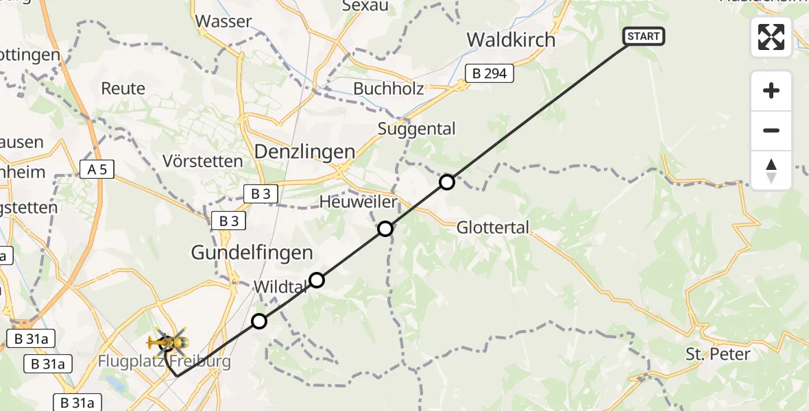 Flugroute Ambulanzhubschrauber Waldkirch - Freiburg im Breisgau Flugplatz, 21 Juli 2026, 08:31