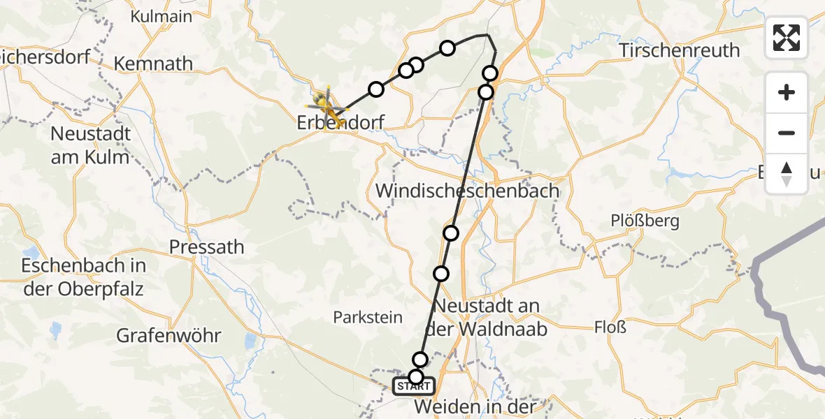 Flugroute Ambulanzhubschrauber Weiden i.d.OPf. - Erbendorf, 21 Juli 2026, 08:35