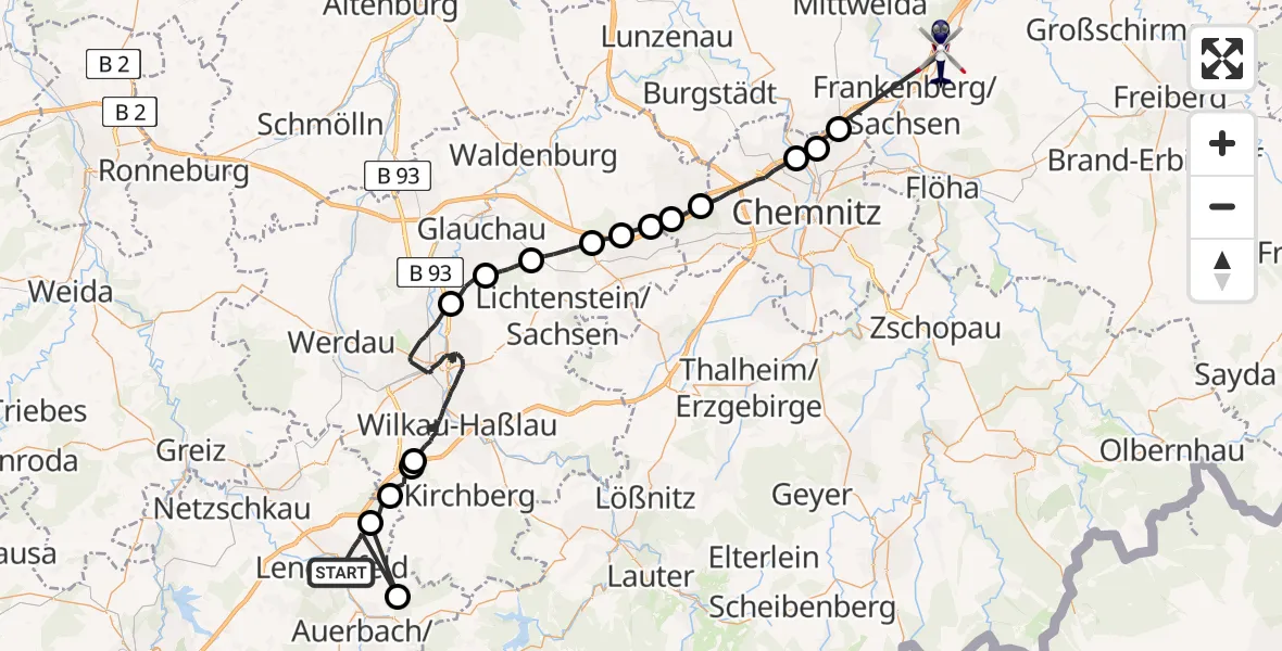 Flugroute Polizeihubschrauber Lengenfeld - Frankenberg/Sa., 21 Juli 2026, 08:40