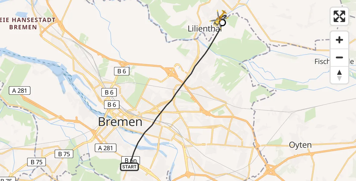Flugroute Rettungshubschrauber Bremen - Lilienthal, 21 Juli 2026, 08:40