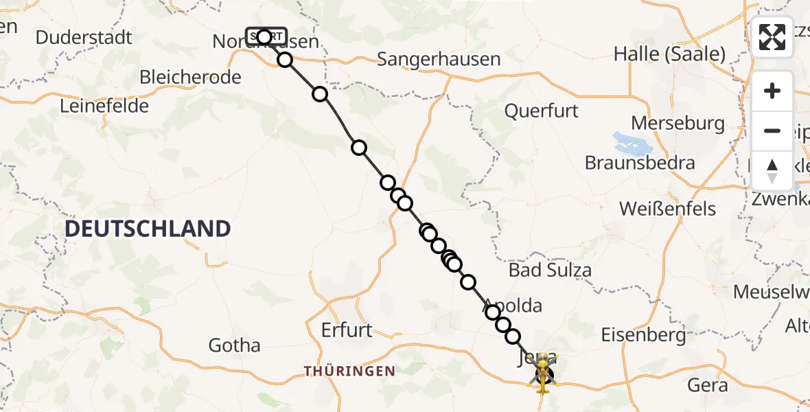 Flugroute Rettungshubschrauber Südharz Hospital Nordhausen - Lobeda Hubschrauberlandeplatz, 21 Juli 2026, 08:41