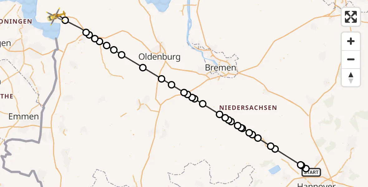 Flugroute Rettungshubschrauber Flughafen Hannover - Emden, 21 Juli 2026, 08:42