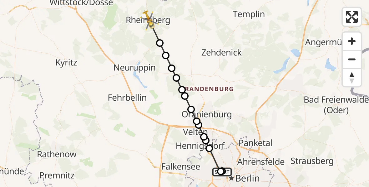 Flugroute Rettungshubschrauber Charité Clinic Virchow Campus - Rheinsberg, 21 Juli 2026, 08:45