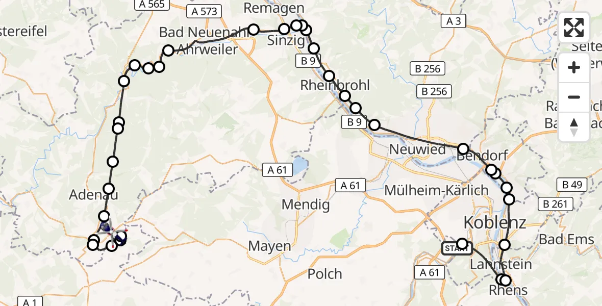 Flugroute Polizeihubschrauber Koblenz-Winningen Flugplatz - Meuspath, 21 Juli 2026, 08:51