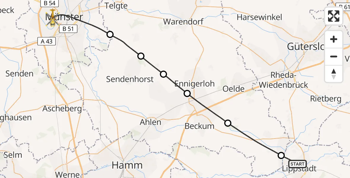 Flugroute Rettungshubschrauber Lippstadt - Münster, 21 Juli 2026, 09:00