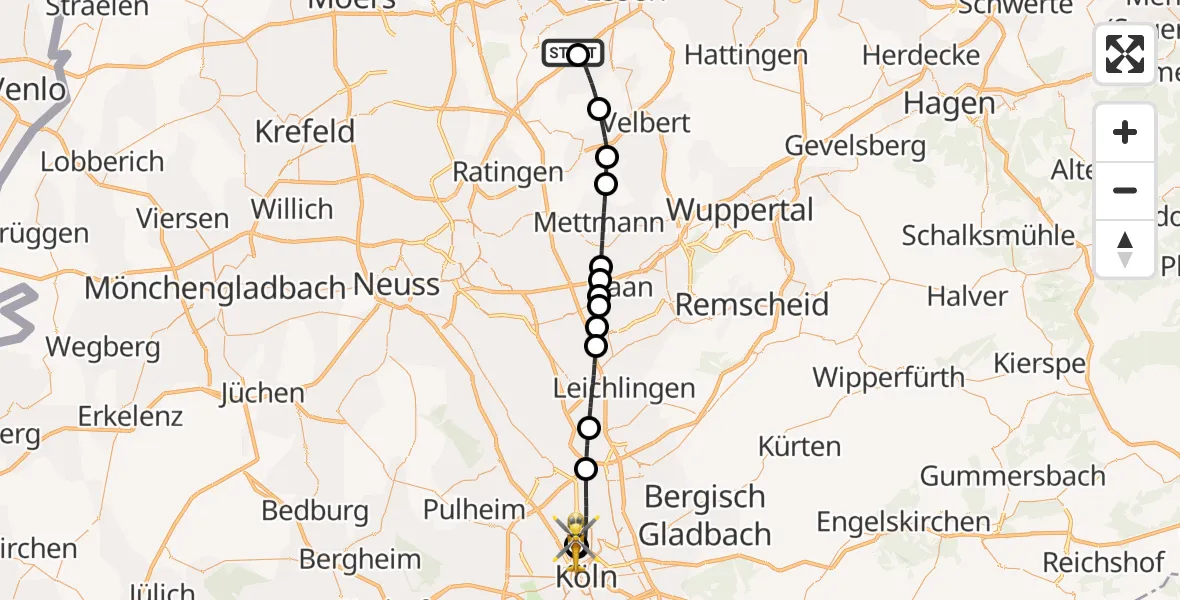 Flugroute Ambulanzhubschrauber Essen-Mülheim Flughafen - Sankt Vinzenz Hospital, 21 Juli 2026, 09:01