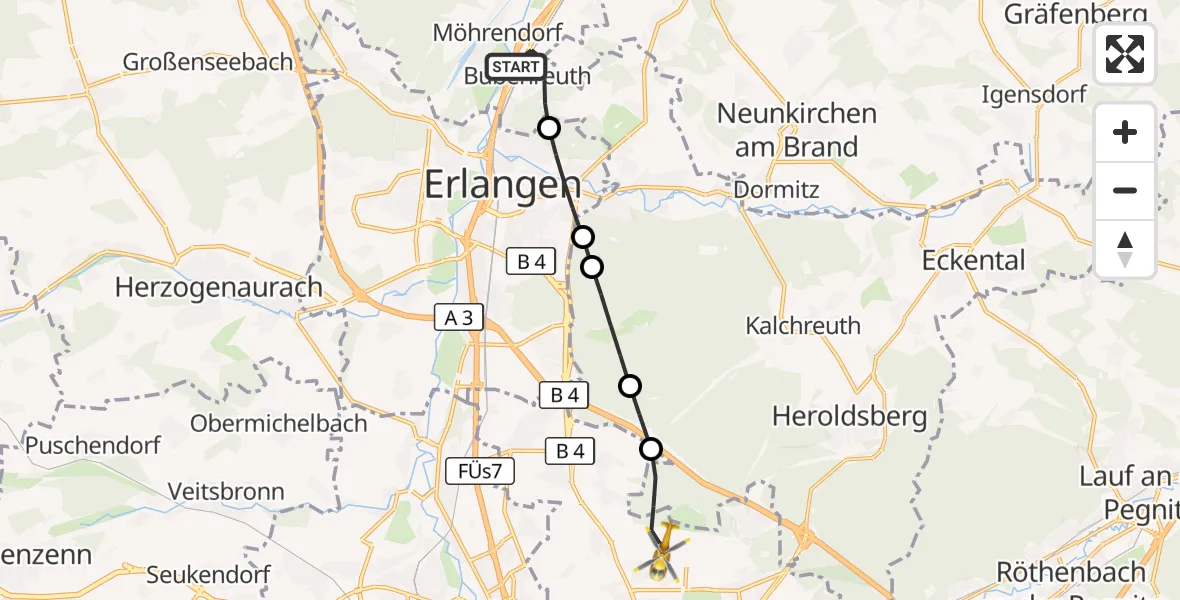 Flugroute Ambulanzhubschrauber Bubenreuth - Flughafen Nuremberg, 21 Juli 2026, 09:06