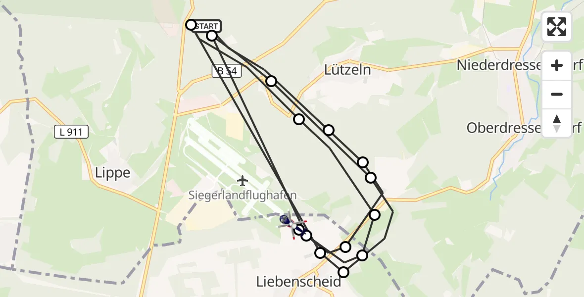 Flugroute Polizeihubschrauber Burbach - Siegerland Flughafen, 21 Juli 2026, 09:06