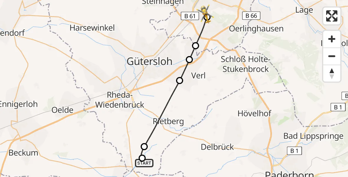 Flugroute Rettungshubschrauber Rietberg - Luftrettungszentrum Bielefeld, 21 Juli 2026, 09:07