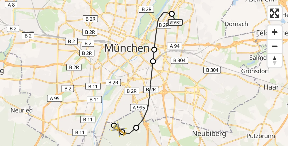 Flugroute Rettungshubschrauber München Bogenhausen Hospital - Perlacher Forst, 21 Juli 2026, 09:09