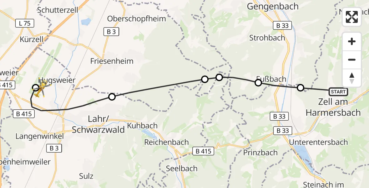 Flugroute Rettungshubschrauber Zell am Harmersbach - Lahr Flughafen, 21 Juli 2026, 09:13