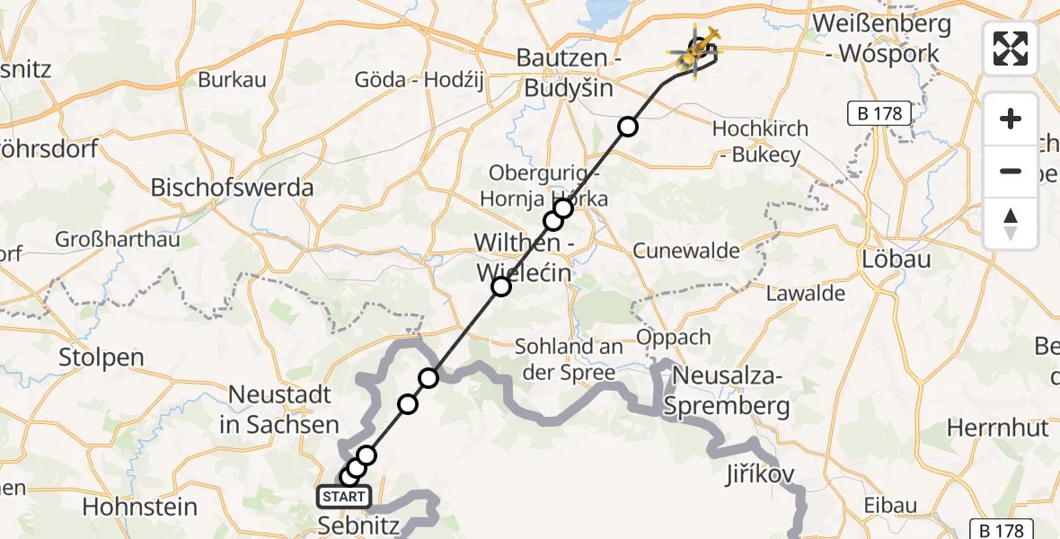Flugroute Rettungshubschrauber Sebnitz - Bautzen Flugplatz, 21 Juli 2026, 09:13