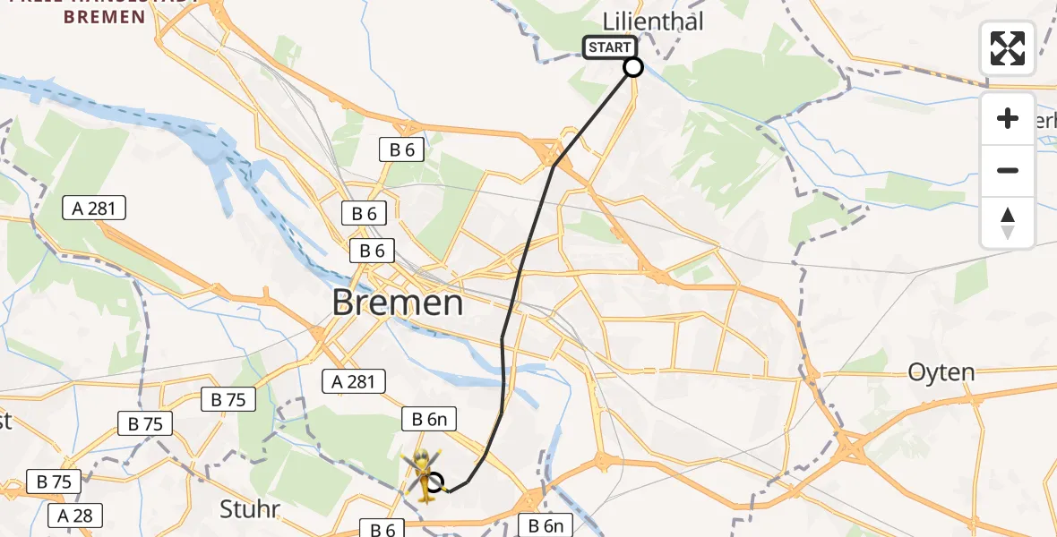 Flugroute Rettungshubschrauber Lilienthal - ADAC Air Rescue Station Bremen Hubschrauberlandeplatz (Christoph 6), 21 Juli 2026, 09:27