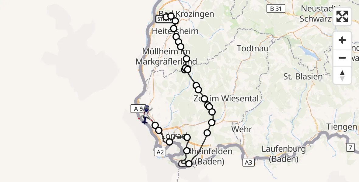 Flugroute Polizeihubschrauber Bremgarten Flugplatz - Efringen-Kirchen, 21 Juli 2026, 09:31