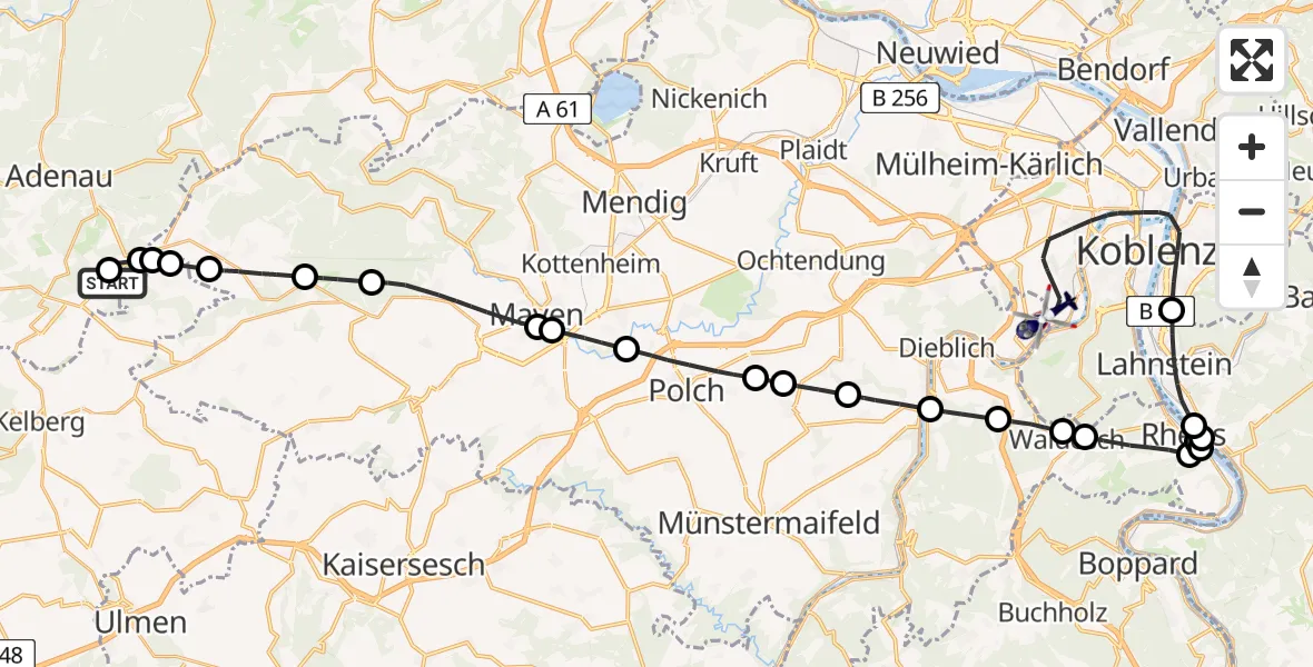 Flugroute Polizeihubschrauber Meuspath - Koblenz-Winningen Flugplatz, 21 Juli 2026, 09:32