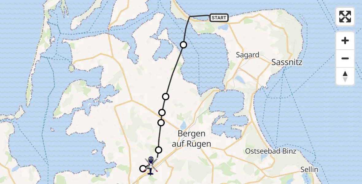 Flugroute Polizeihubschrauber Glowe - Samtens, 21 Juli 2026, 09:33