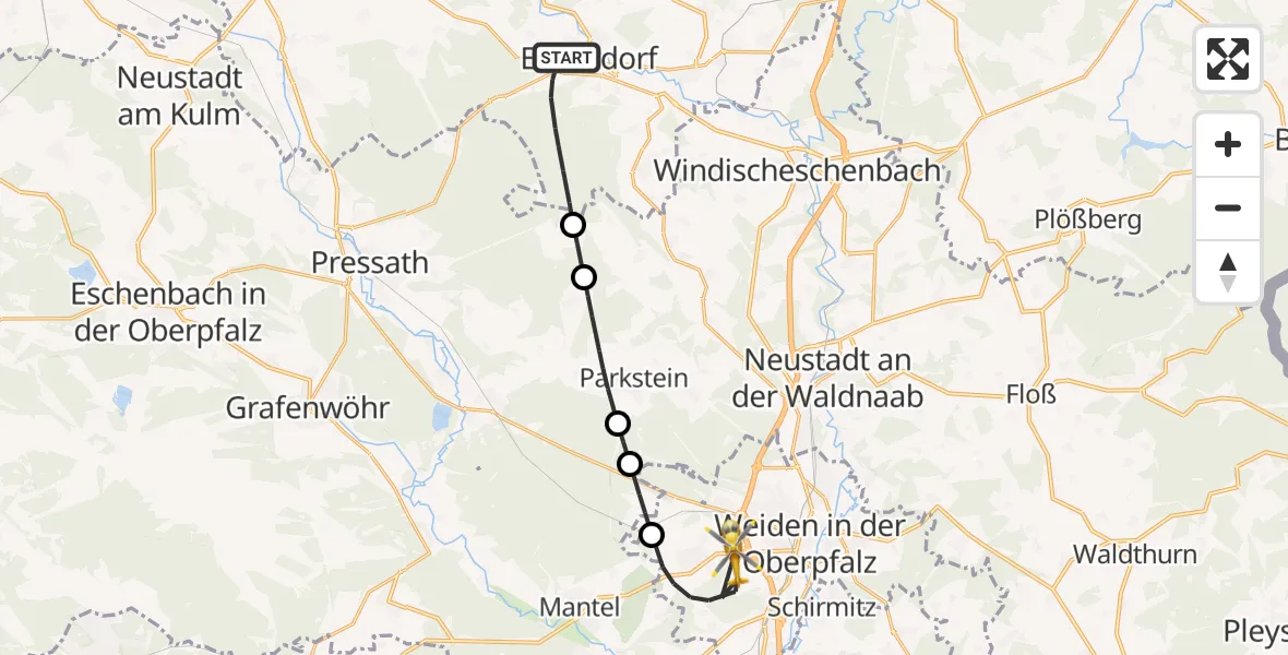 Flugroute Ambulanzhubschrauber Erbendorf - Weiden i.d.OPf., 21 Juli 2026, 09:43