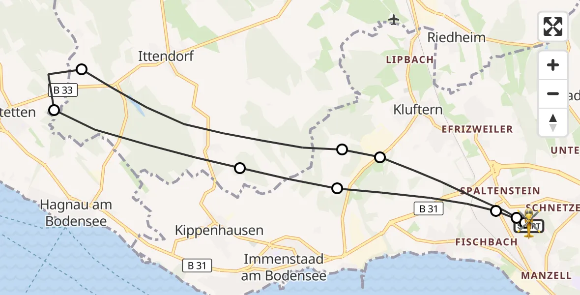 Flugroute Rettungshubschrauber Friedrichshafen Hospital - Friedrichshafen Hospital, 21 Juli 2026, 09:45