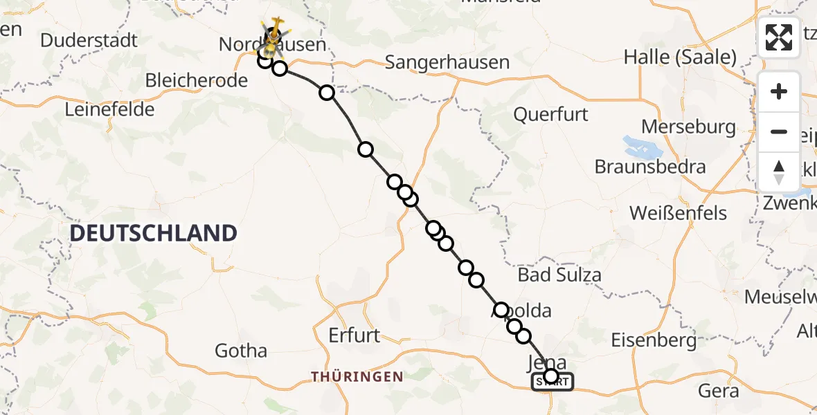 Flugroute Rettungshubschrauber Lobeda Hubschrauberlandeplatz - Südharz Hospital Nordhausen, 21 Juli 2026, 09:47