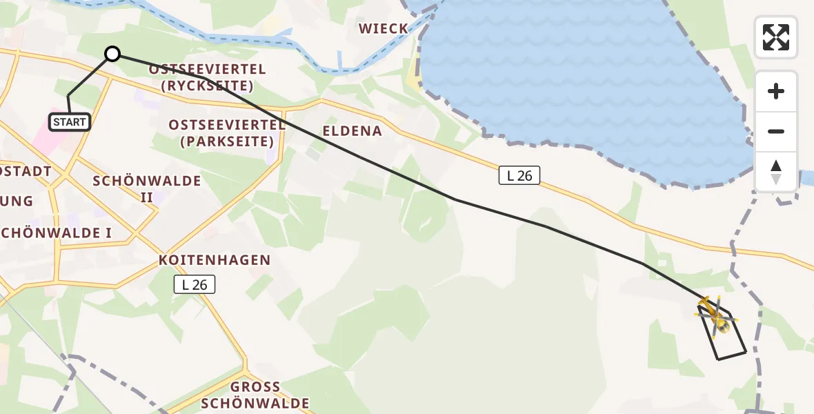 Flugroute Rettungshubschrauber Greifswald Hospital - Greifswald, 21 Juli 2026, 09:58