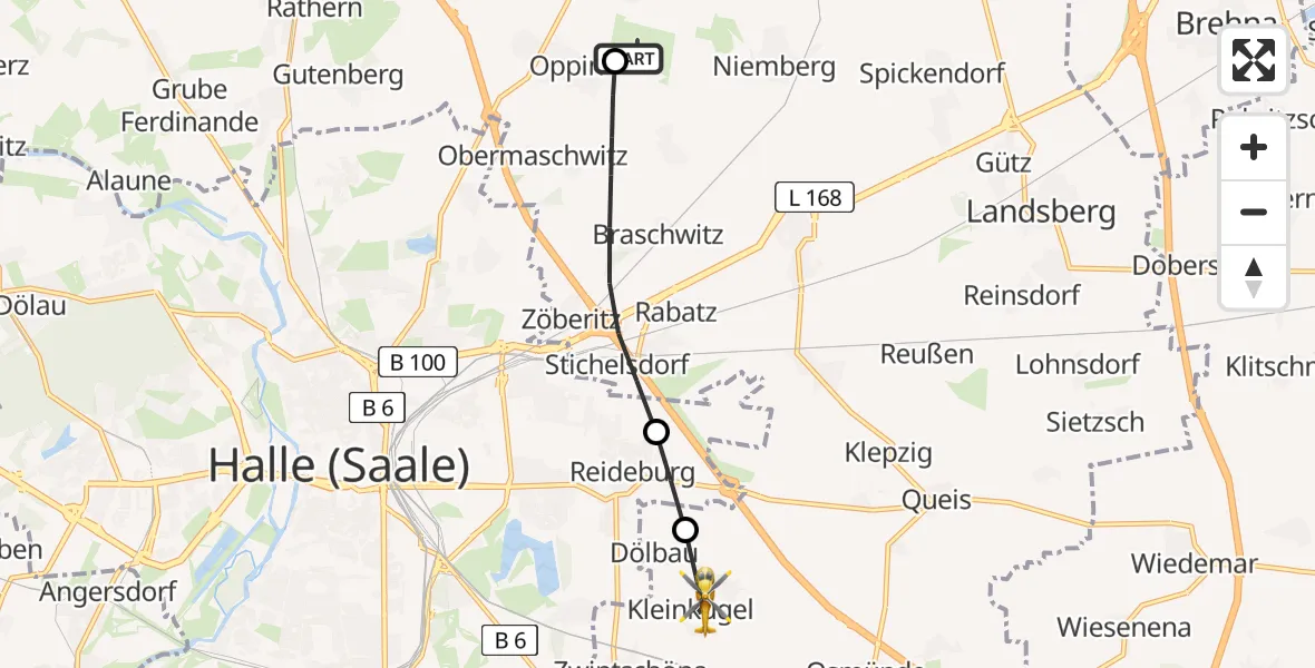 Flugroute Rettungshubschrauber Halle-Oppin Flugplatz - Kabelsketal, 21 Juli 2026, 10:06