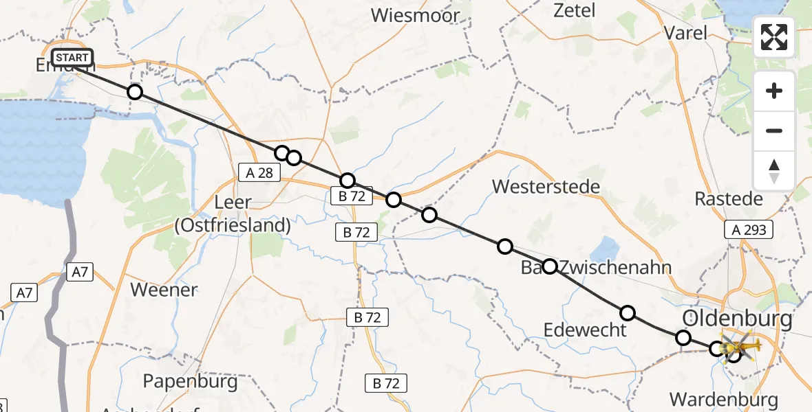 Flugroute Rettungshubschrauber Emden - Oldenburg (Oldb), 21 Juli 2026, 10:11