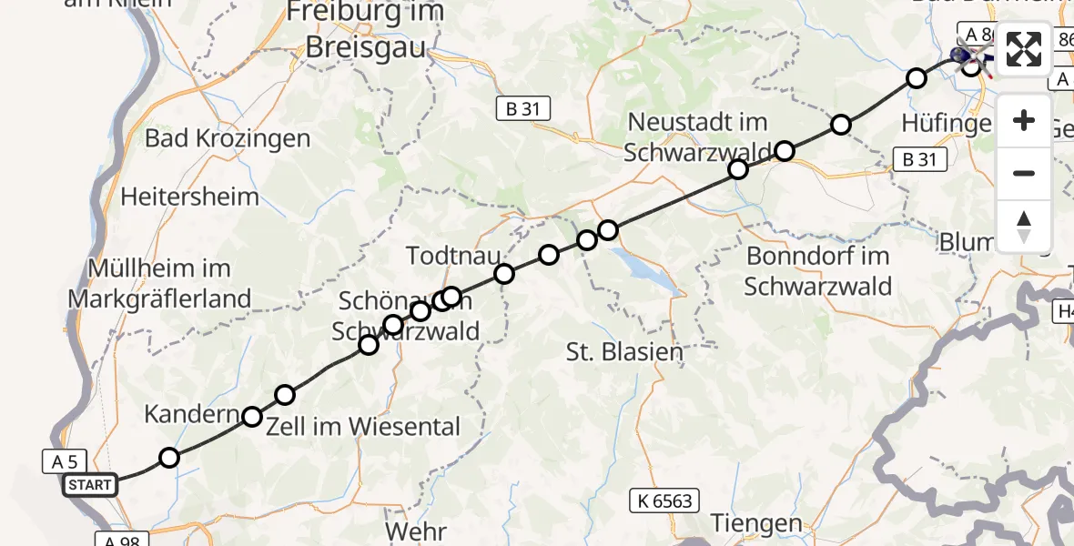 Flugroute Polizeihubschrauber Efringen-Kirchen - Donaueschingen-Villingen Flugplatz, 21 Juli 2026, 10:23