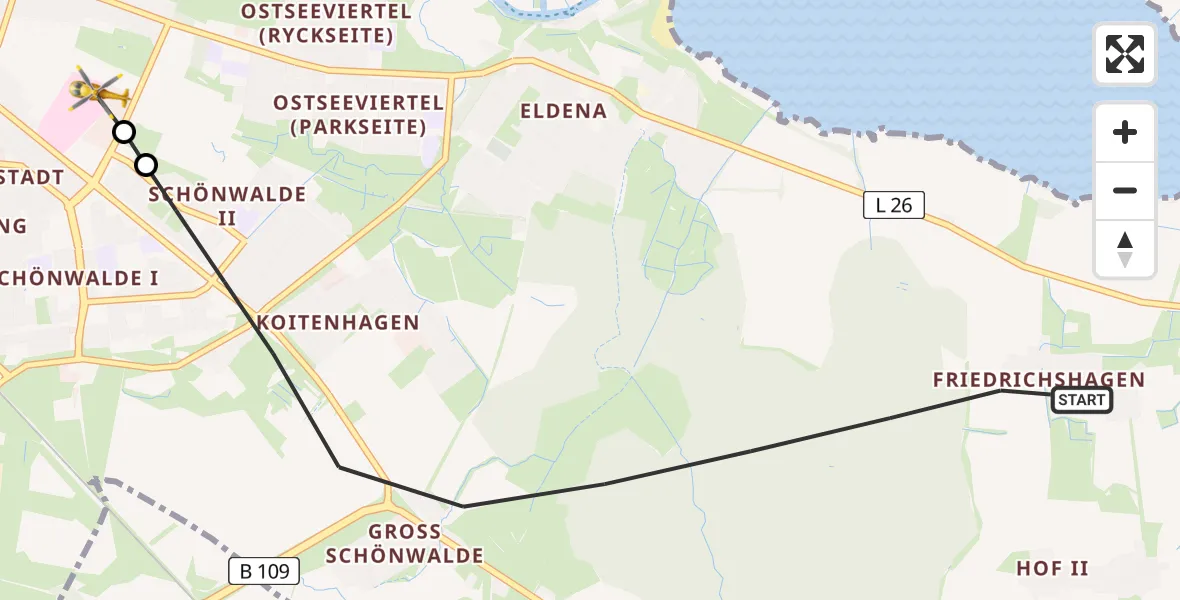 Flugroute Rettungshubschrauber Greifswald - Greifswald Hospital, 21 Juli 2026, 10:27
