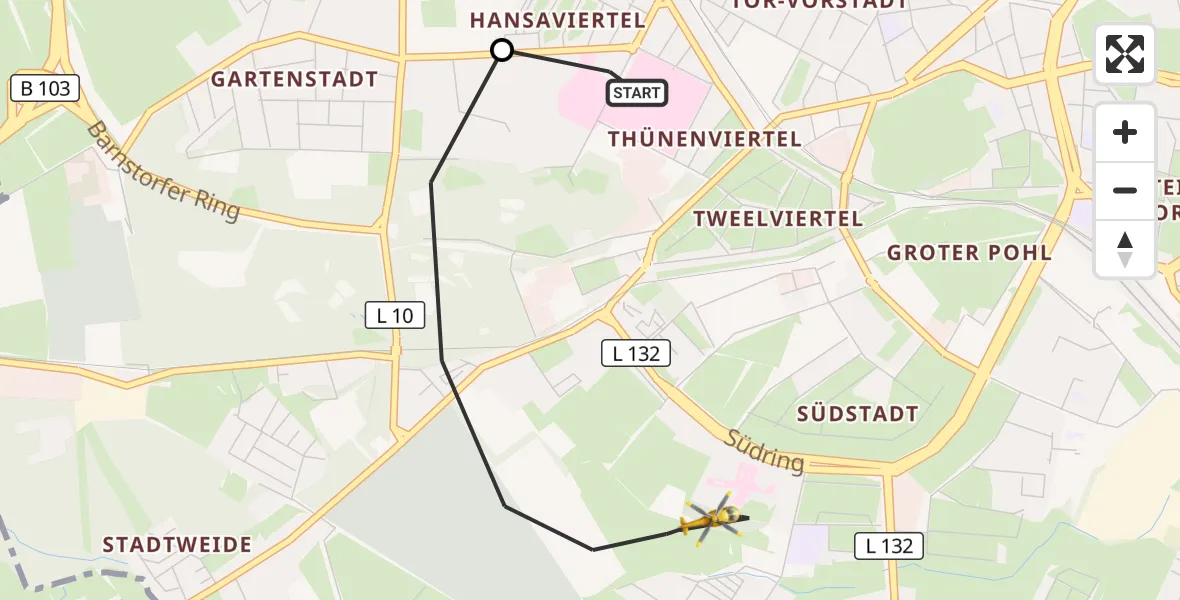 Flugroute Rettungshubschrauber Rostock University Hubschrauberlandeplatz - Rostock, 21 Juli 2026, 10:30