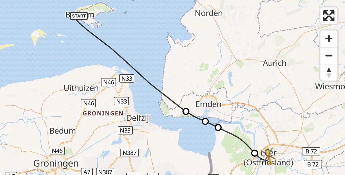 Flugroute Ambulanzhubschrauber Noordzee - Leer (Ostfriesland), 21 Juli 2026, 10:34