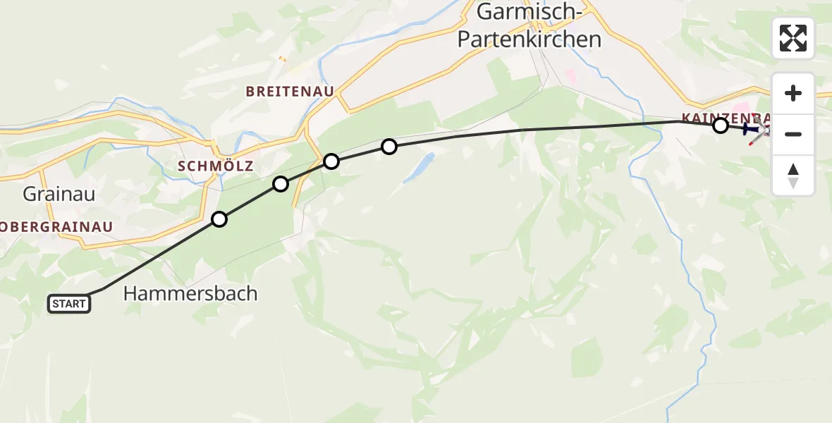 Flugroute Polizeihubschrauber Brandweg Hubschrauberlandeplatz - Garmisch-Partenkirchen Clinic Hubschrauberlandeplatz, 21 Juli 2026, 10:35