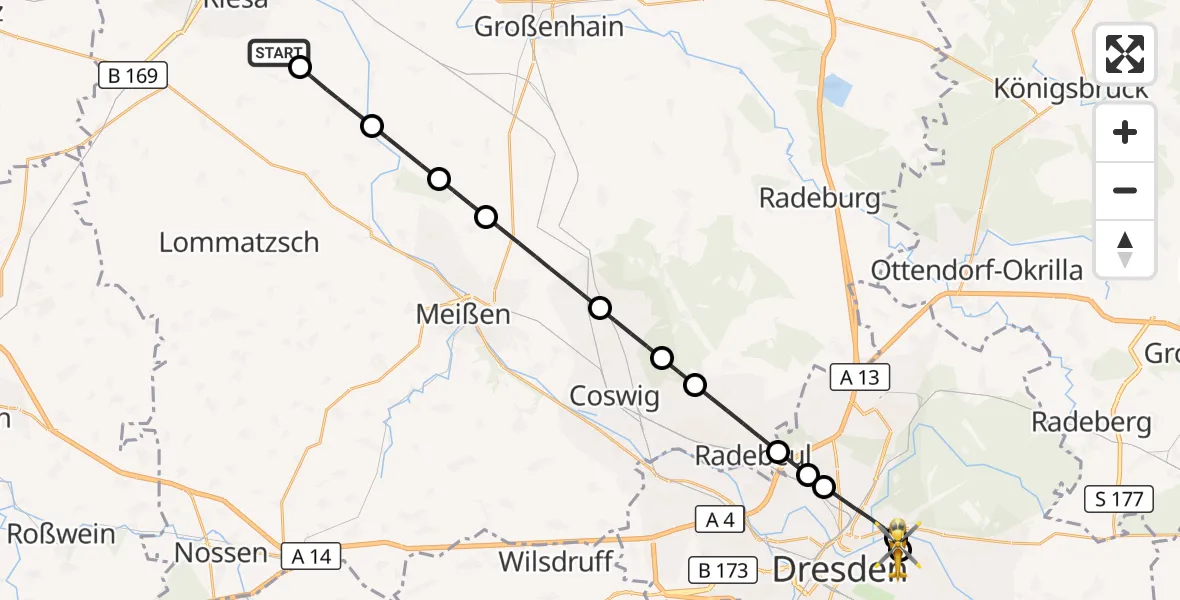 Flugroute Rettungshubschrauber Riesa - Dresden University Hospital, 21 Juli 2026, 10:37