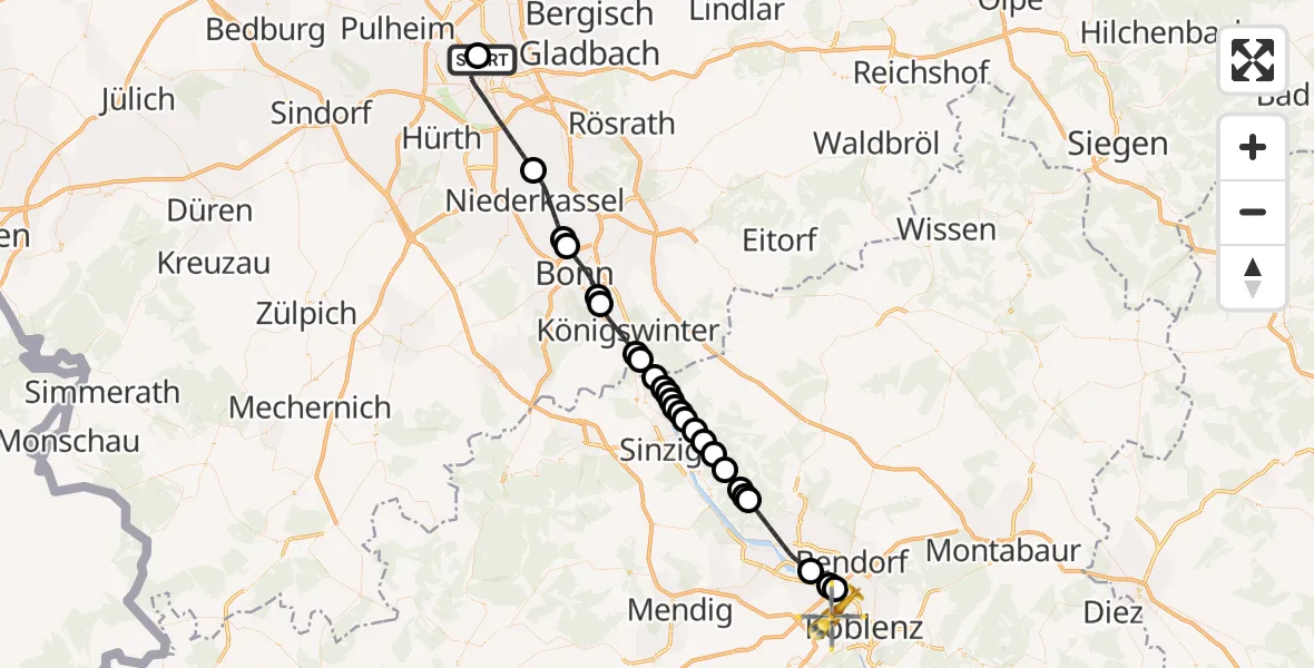 Flugroute Ambulanzhubschrauber Sankt Vinzenz Hospital - Koblenz, 21 Juli 2026, 10:41