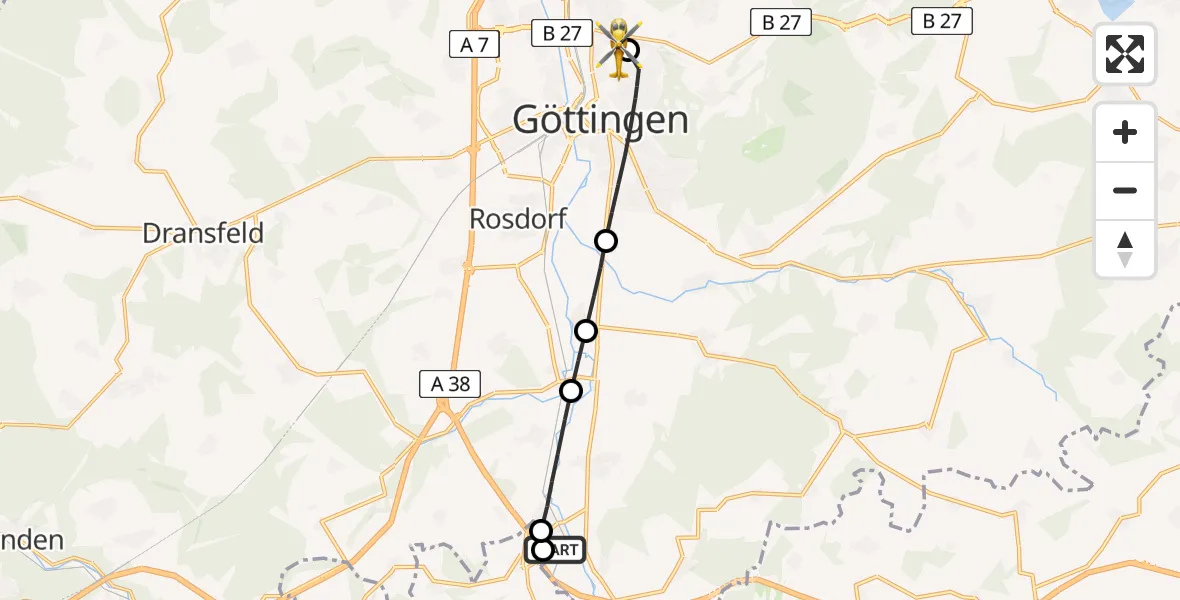 Flugroute Rettungshubschrauber Friedland - Göttingen University Clinic Hubschrauberlandeplatz, 21 Juli 2026, 10:43