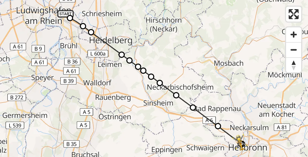 Flugroute Rettungshubschrauber Mannheim-City Flughafen - Heilbronn Hospital, 21 Juli 2026, 10:44