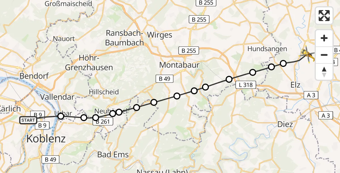 Flugroute Rettungshubschrauber Koblenz - Hadamar, 21 Juli 2026, 10:46