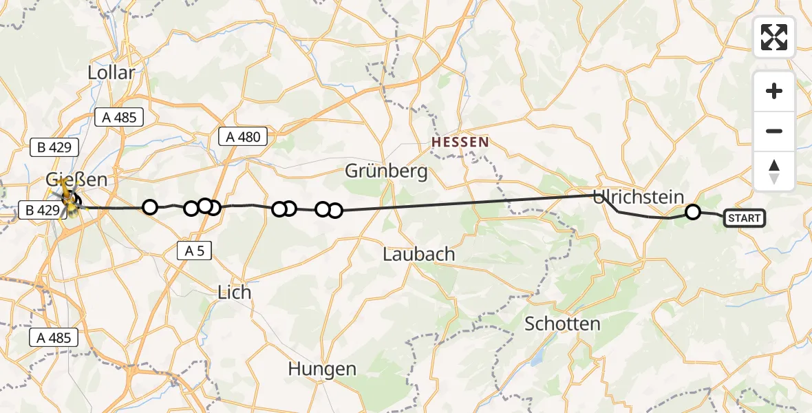 Flugroute Rettungshubschrauber Lautertal (Vogelsberg) - Gießen University Hospital, 21 Juli 2026, 11:02