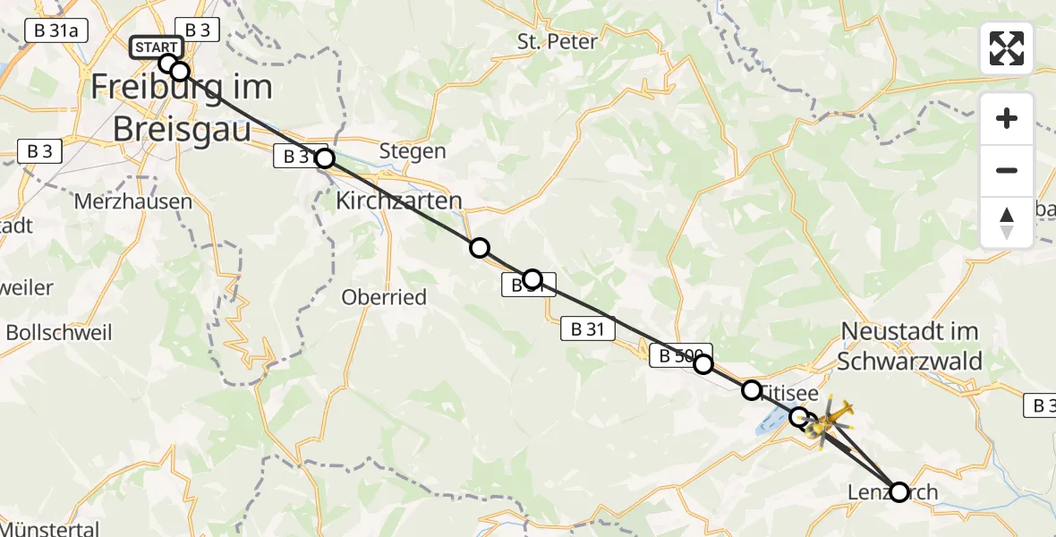 Flugroute Ambulanzhubschrauber Freiburg im Breisgau - Lenzkirch, 21 Juli 2026, 11:05