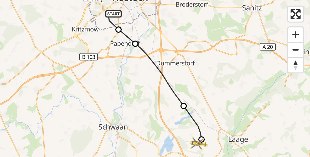 Flugroute Rettungshubschrauber Rostock - Flughafen Rostock-Laage, 21 Juli 2026, 11:09