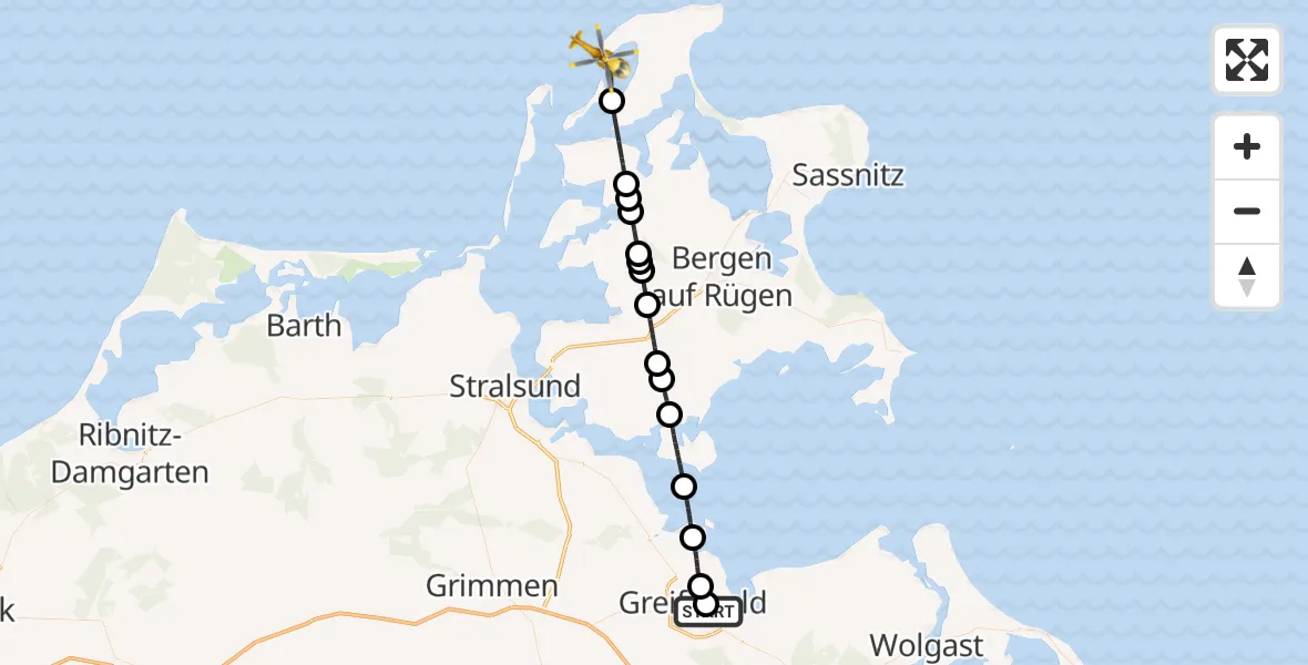 Flugroute Rettungshubschrauber Greifswald Hospital - Dranske, 21 Juli 2026, 11:09